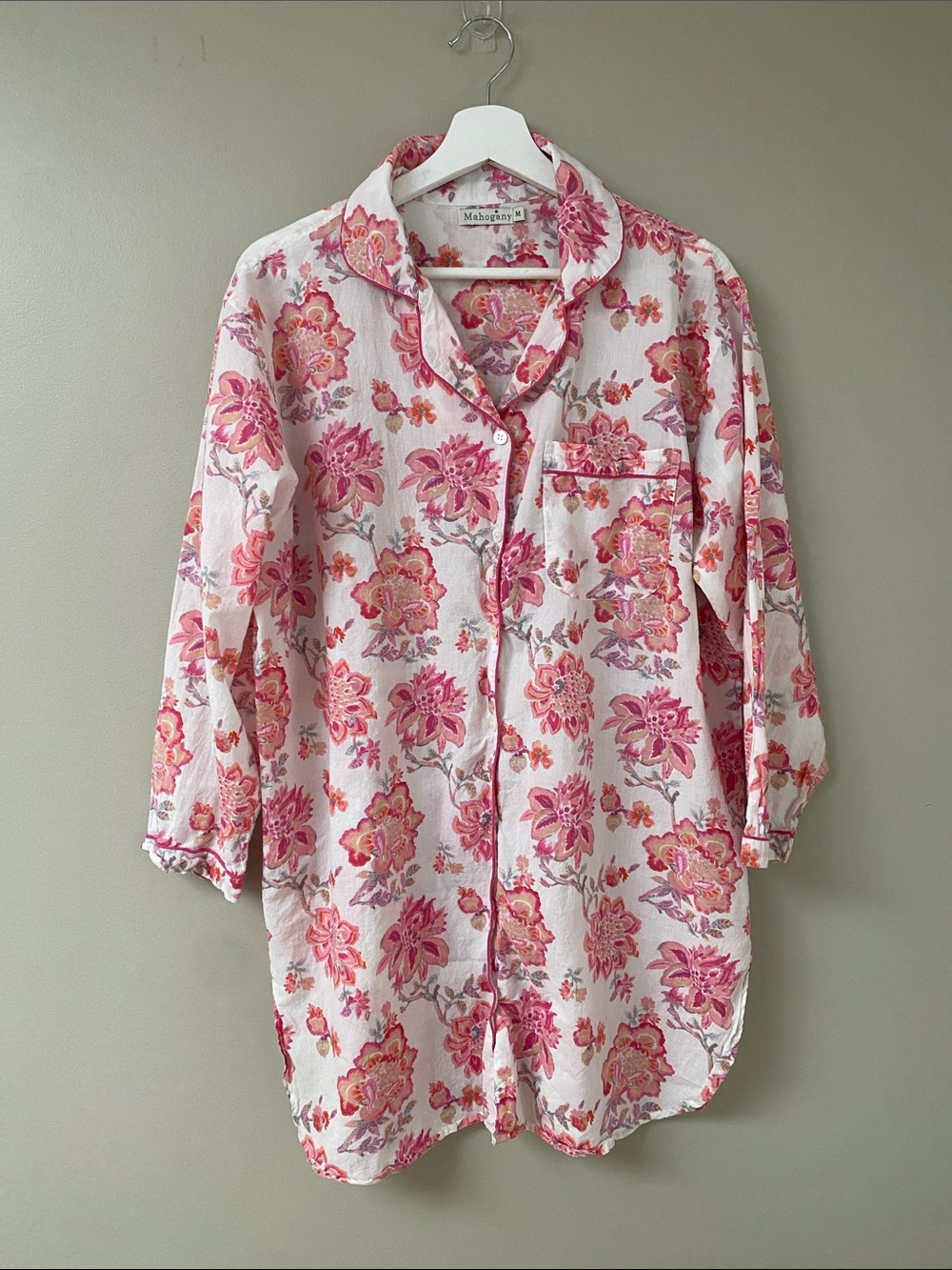 Mahogany Nightshirt Pink Floral Button-Up Cotton Pajama Dress size medium